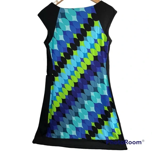London Times Geometric Leaf Print Dress Size 8 NWT Blue Green Mini Shift 60s Mod - Picture 2 of 5